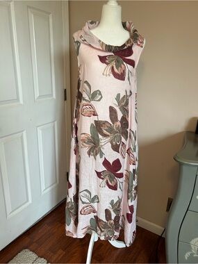 pure 100% Italian Linen Sleeveless Pink Floral Cowl Neck midi-maxi dress